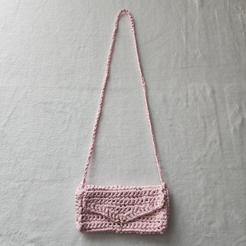 Crochet Shoulder Bag Pink Handcrafted Knit Envelope‎ Crossbody Boho Coquette 80s